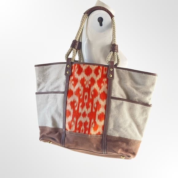 Rafe NY Canvas Tote Bag with Orange Ikat Panel & Brown Trim - Thumbnail 5