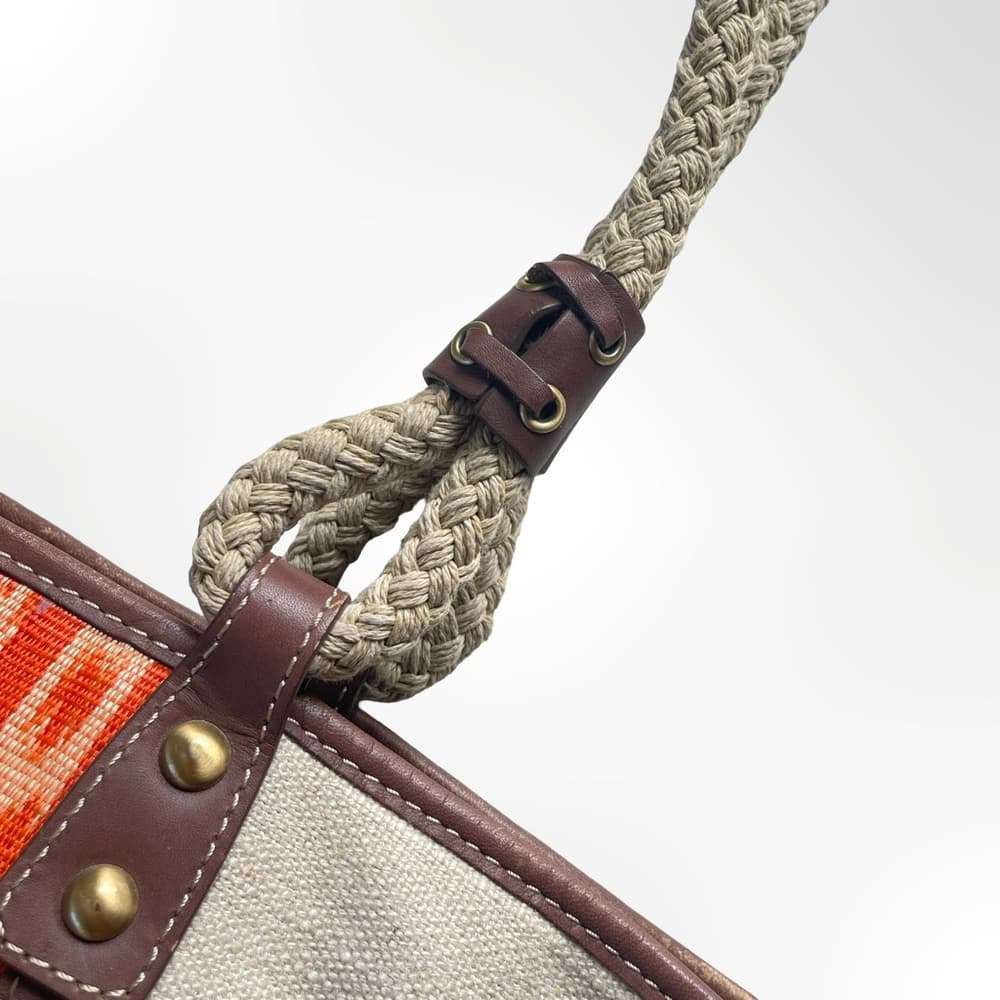 Rafe NY Canvas Tote Bag with Orange Ikat Panel & Brown Trim - Thumbnail 2