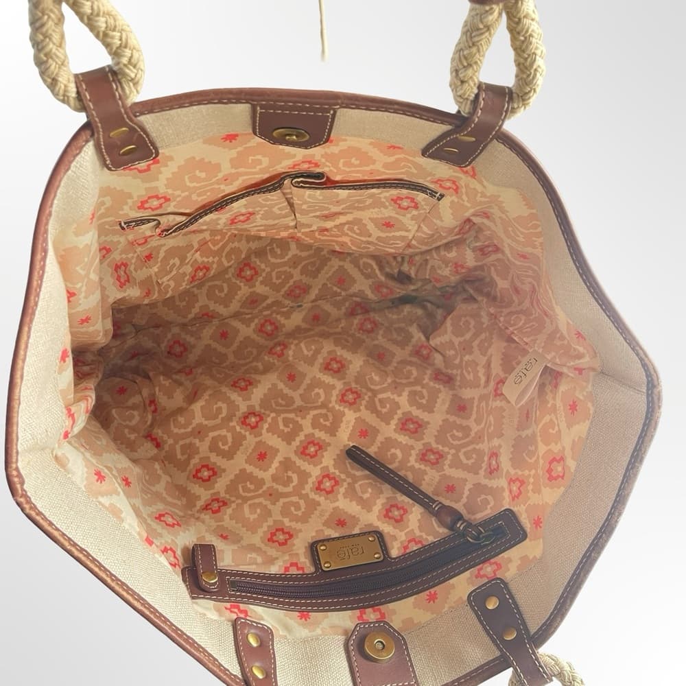 Rafe NY Canvas Tote Bag with Orange Ikat Panel & Brown Trim - Thumbnail 3