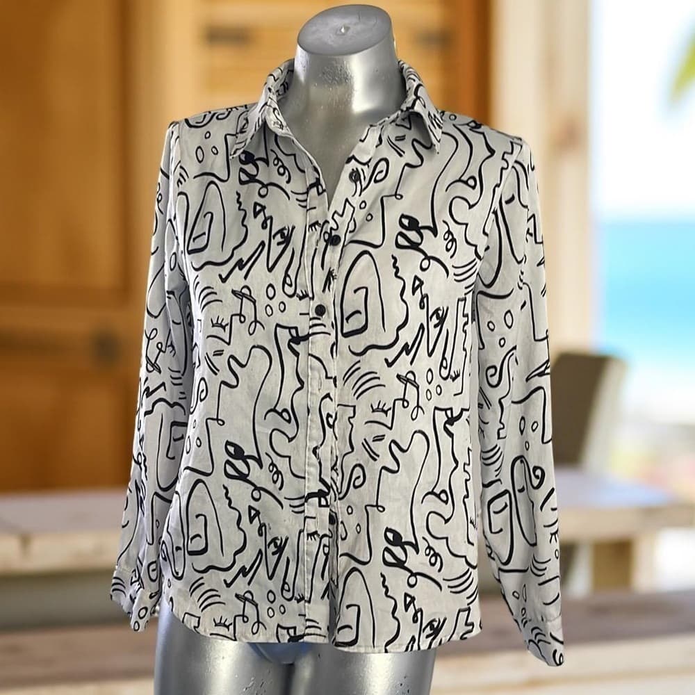 Rabbit Rose Small Abstract Black and White Women's Top - Thumbnail 4
