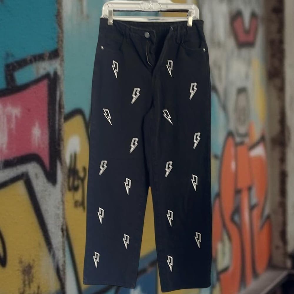 Shein Women Black Lightning Bolt Patterned Baggy Pants NWOT - Thumbnail 3