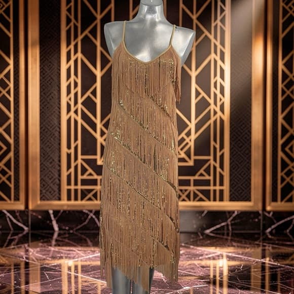 Anna Kaci Elegant Gold Fringe Dress size L - Thumbnail 7