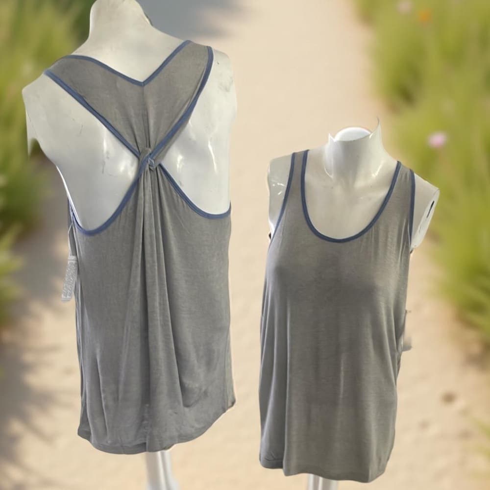 2 Pack Gray Yoga Tank Top with Blue Trim - NWT - Size S, M, L - Thumbnail 3