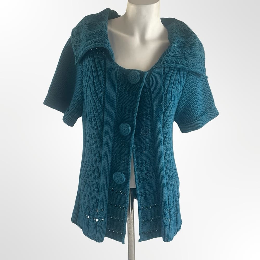 dressbarn Teal Button-Up Women's Cardigan - Thumbnail 4