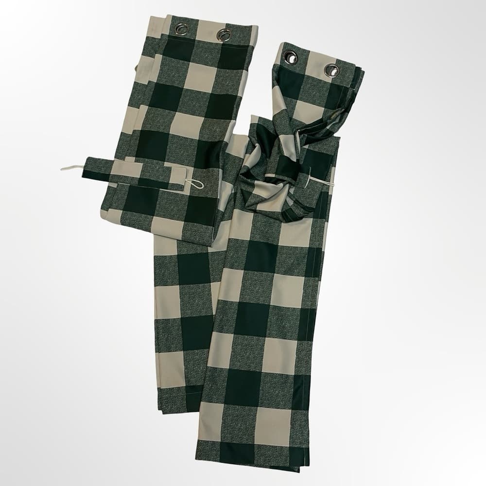A Pair of Green and White Checkered Blackout Curtains 84x48 - Thumbnail 6