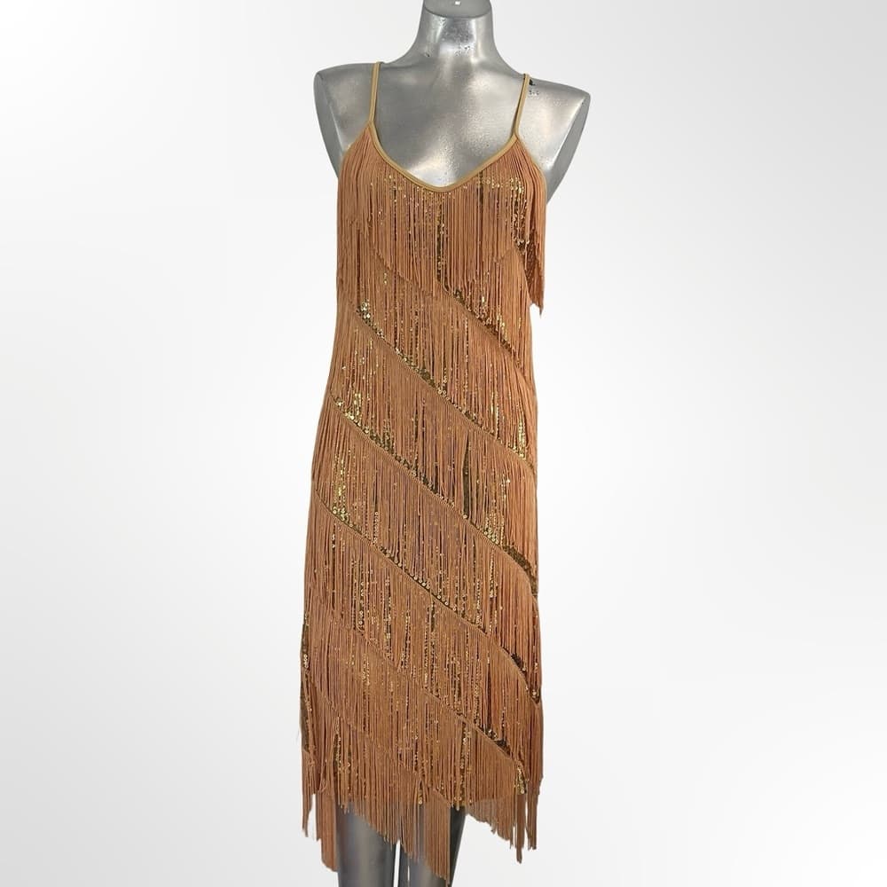 Anna Kaci Elegant Gold Fringe Dress size L - Thumbnail 4