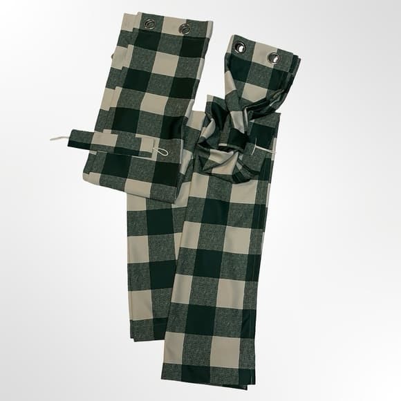 A Pair of Green and White Checkered Blackout Curtains 84x48 - Thumbnail 7