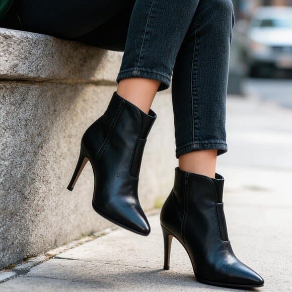 Women’s Black Leather Pointed Toe High Heel Ankle Boots - Thumbnail 11
