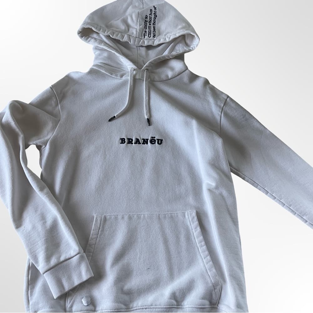 Branéu White Hoodie with Front Pocket and text on Hoodie - Thumbnail 2