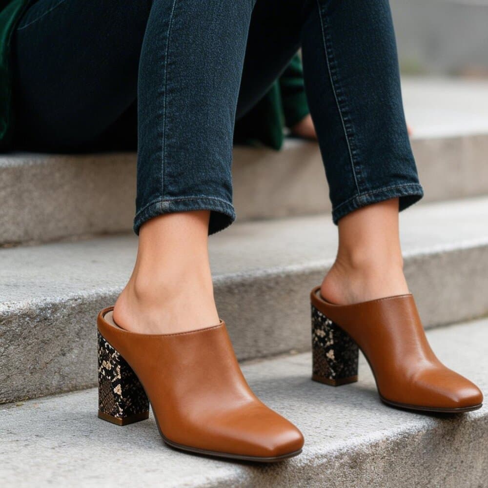 a new day Tan Mule Heels with Snakeskin-Detail Block Heel - Thumbnail 10