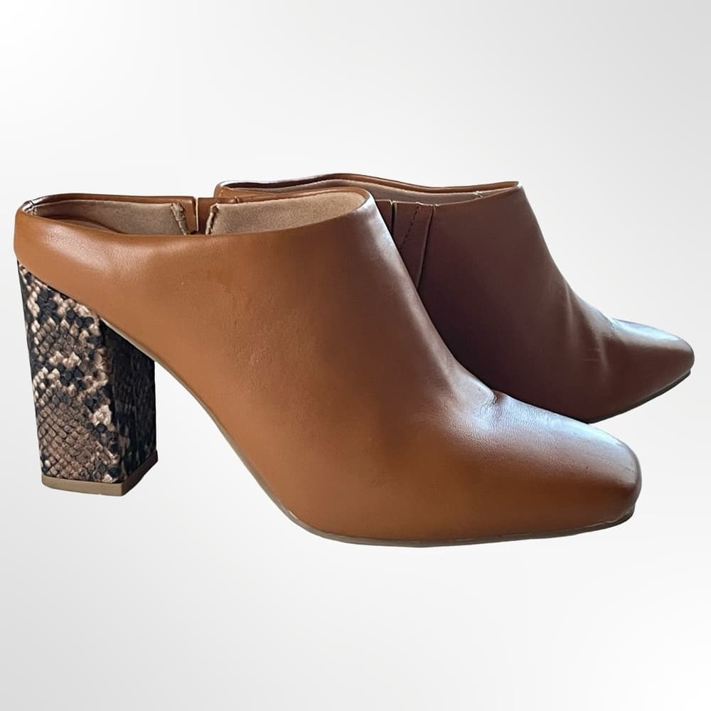 a new day Tan Mule Heels with Snakeskin-Detail Block Heel - Thumbnail 5