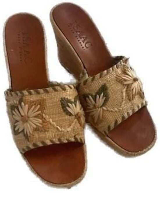 Isaac Mizrahi Vintage Floral Raffia Wedge Sandals - Thumbnail 7