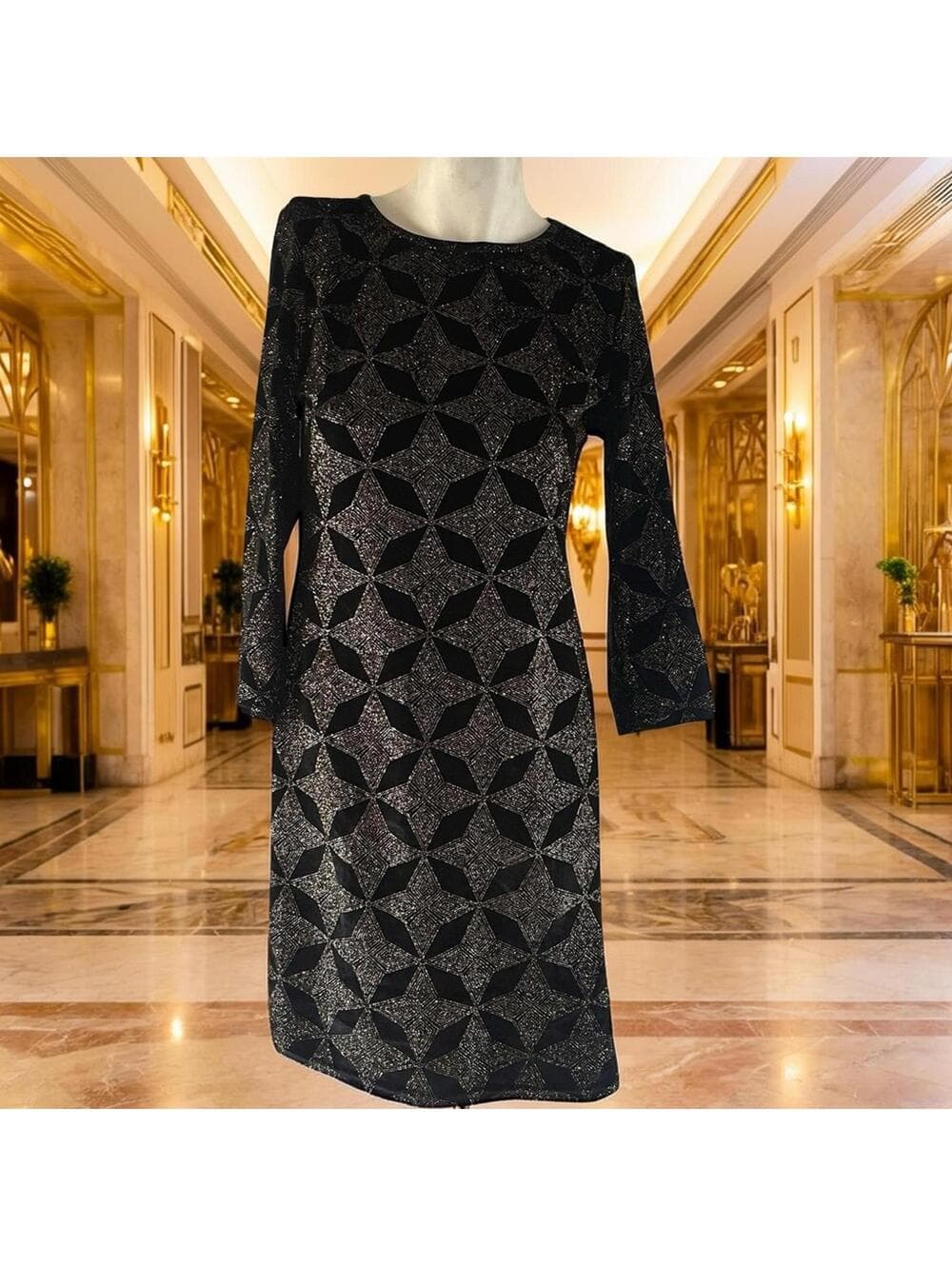 Topshop Black and Gold Geometric Dress in size 8 - Thumbnail 4