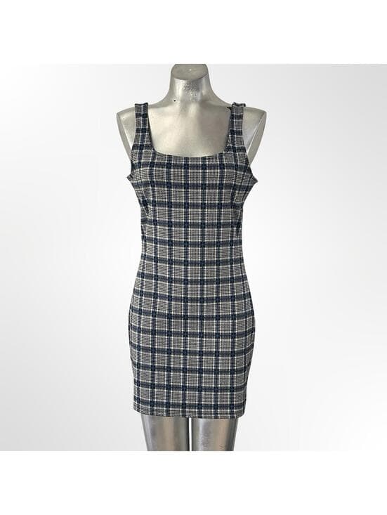 Forever 21 Plaid Square-Neck Mini Dress Navy & White -size L - Thumbnail 6