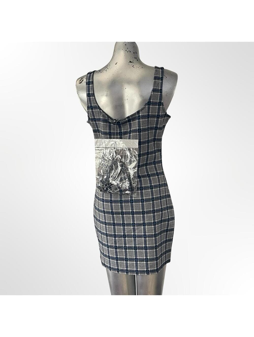 Forever 21 Plaid Square-Neck Mini Dress Navy & White -size L - Thumbnail 2