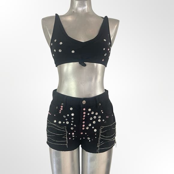 Forever 21 Black Rhinestone & Studded Denim Shorts & Top - Thumbnail 6