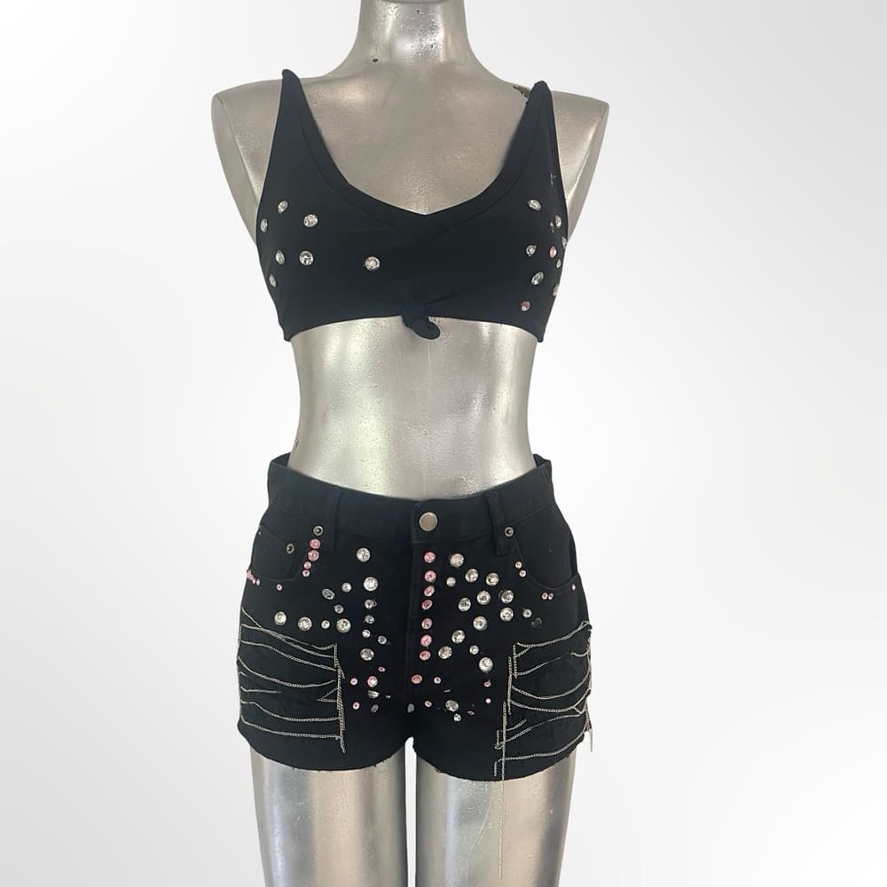 Forever 21 Black Rhinestone & Studded Denim Shorts & Top - Thumbnail 5
