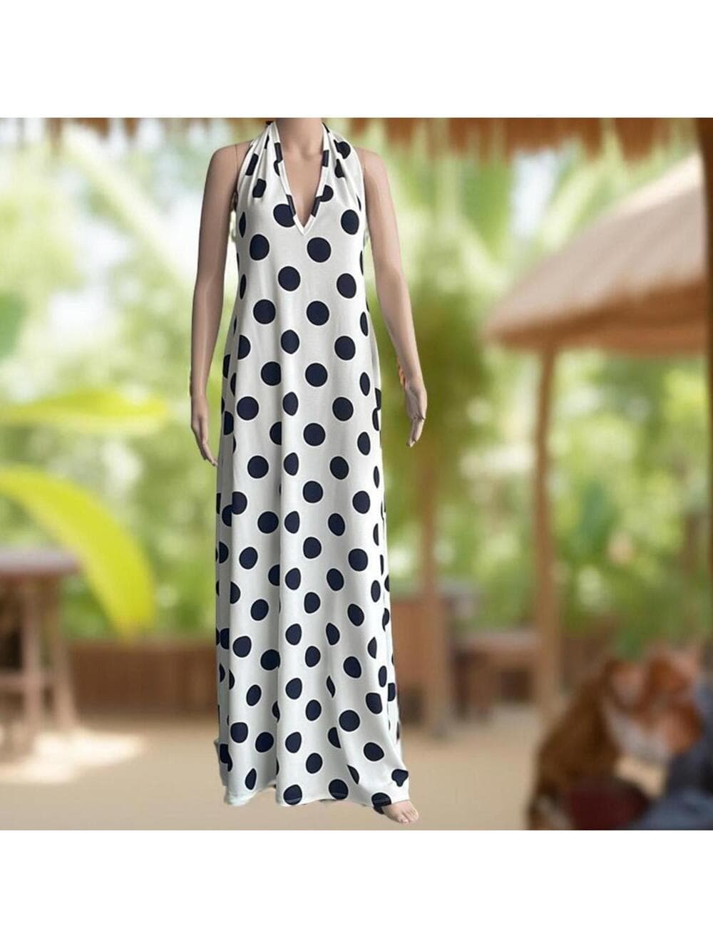White and Black Polka Dot Maxi Dress Size M - Thumbnail 4
