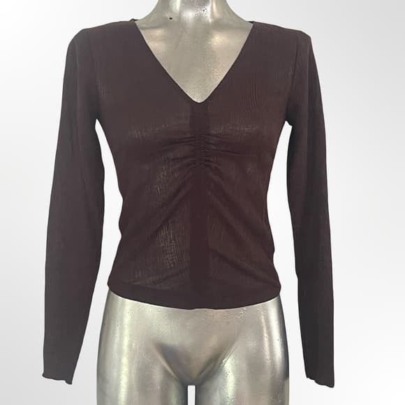 Madewell Brown Long Sleeve V-Neck Ruched Front Top - Thumbnail 5