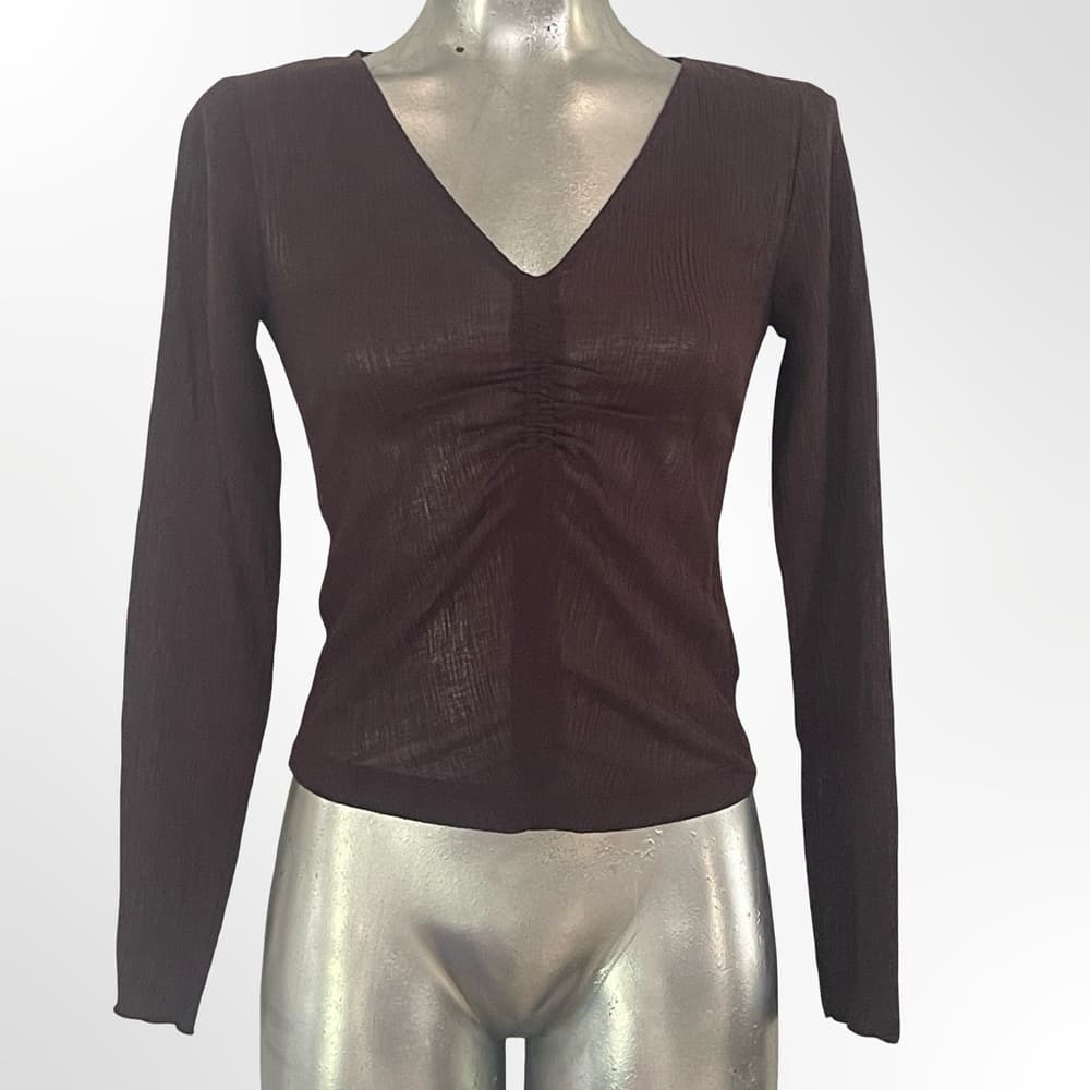 Madewell Brown Long Sleeve V-Neck Ruched Front Top - Thumbnail 4