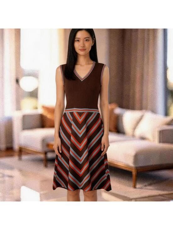 Unbranded Sleeveless Brown Chevron Striped Dress in size S - Thumbnail 4