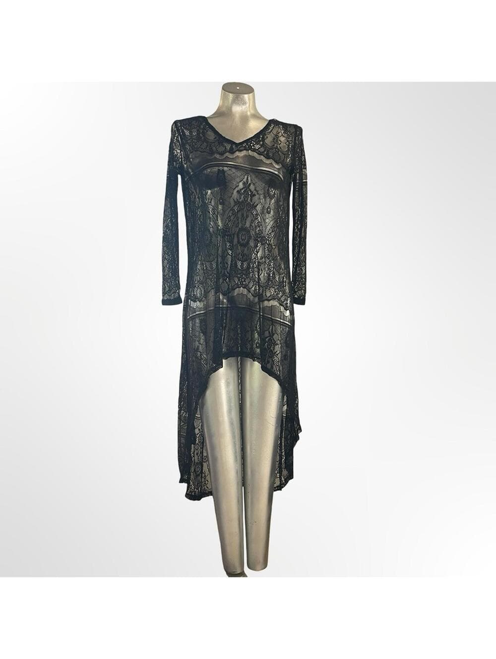 No Label Elegant Black Lace High-Low Dress - Thumbnail 3