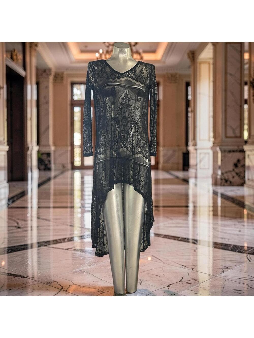 No Label Elegant Black Lace High-Low Dress - Thumbnail 5