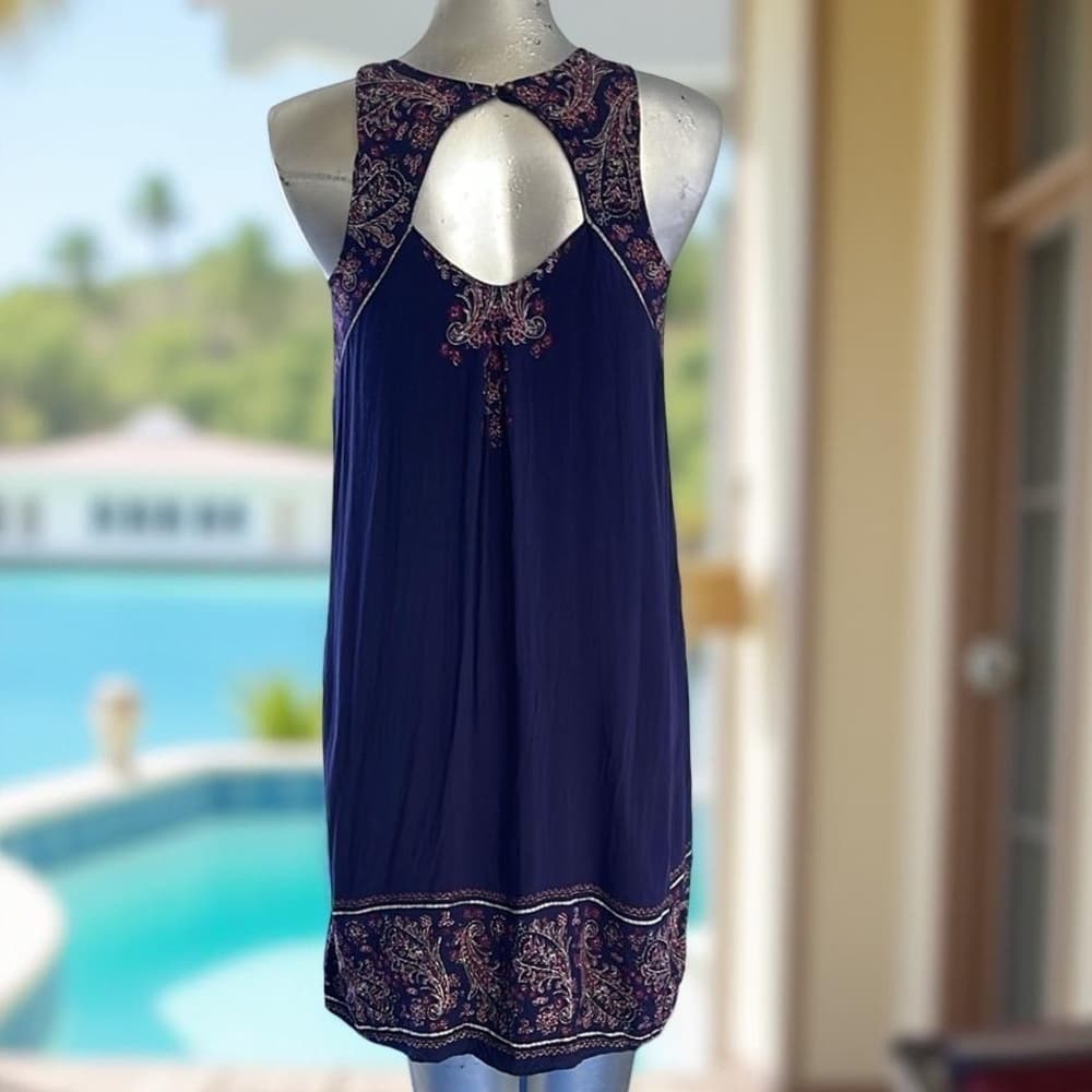 Navy Sleeveless Dress with Pink Embroidery size Medium - Thumbnail 4