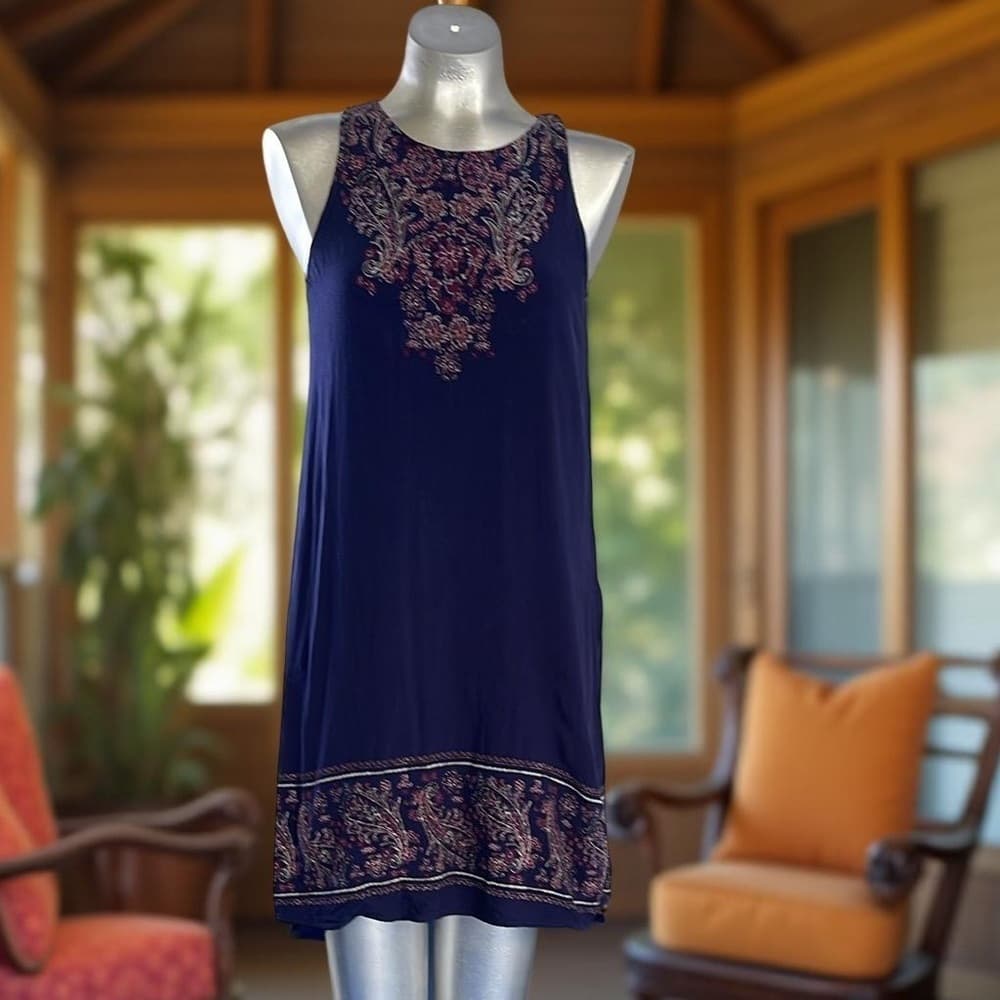 Navy Sleeveless Dress with Pink Embroidery size Medium - Thumbnail 5