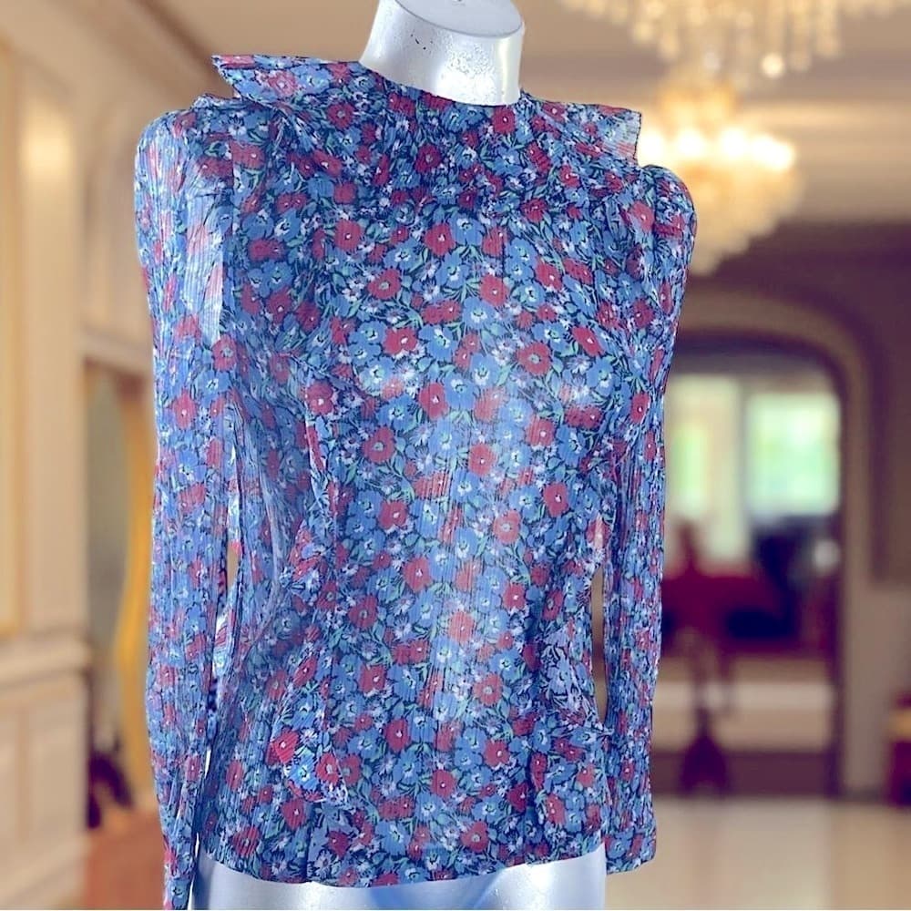 Robert Rodriguez Floral Sheer Long Sleeve Top - Blue and Red - SMALL- NWT - Thumbnail 5
