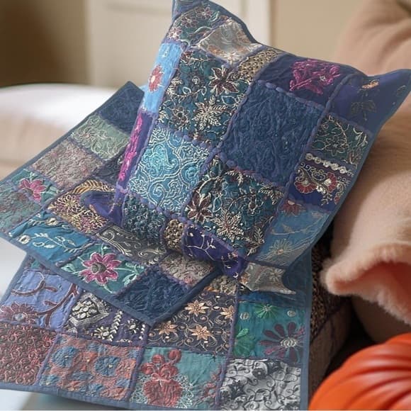 Handmade HD Buttercup Patchwork Embroidered Pillow Case - 16x16 - Thumbnail 8