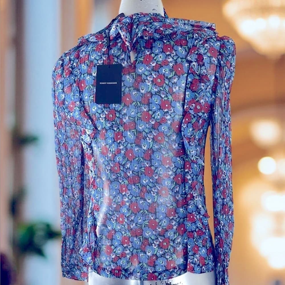 Robert Rodriguez Floral Sheer Long Sleeve Top - Blue and Red - SMALL- NWT - Thumbnail 4