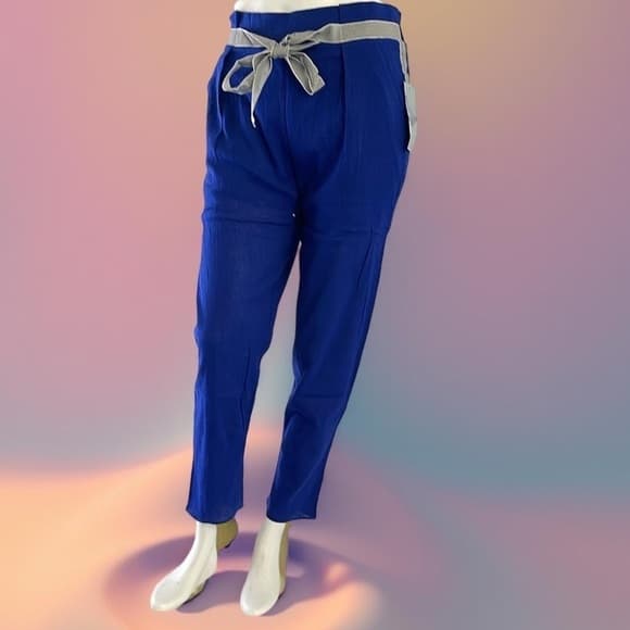 Tresics Luxe Blue summer Pants 100% cotton with Gray Tie Waist - size S,M.L - Thumbnail 8