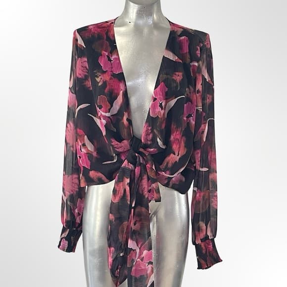 Bar III Black Blouse with Pink Floral Tie-Front - Thumbnail 6