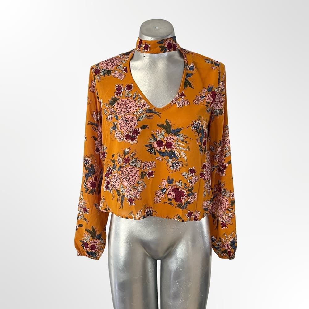 Live 4 Truth Mustard Floral Choker V-Neck Crop Blouse - Thumbnail 4