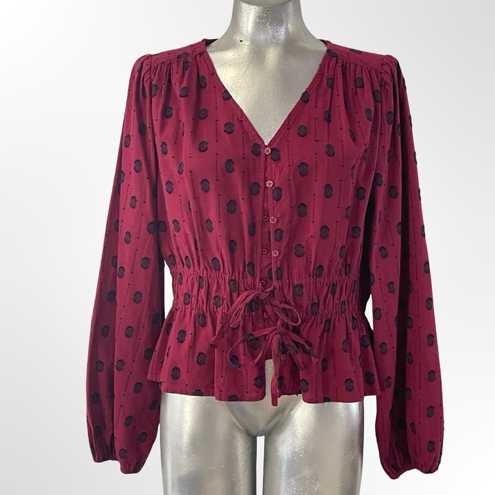 Treasure & Bond Burgundy V-Neck Polka Dot Peplum Blouse - Thumbnail 4