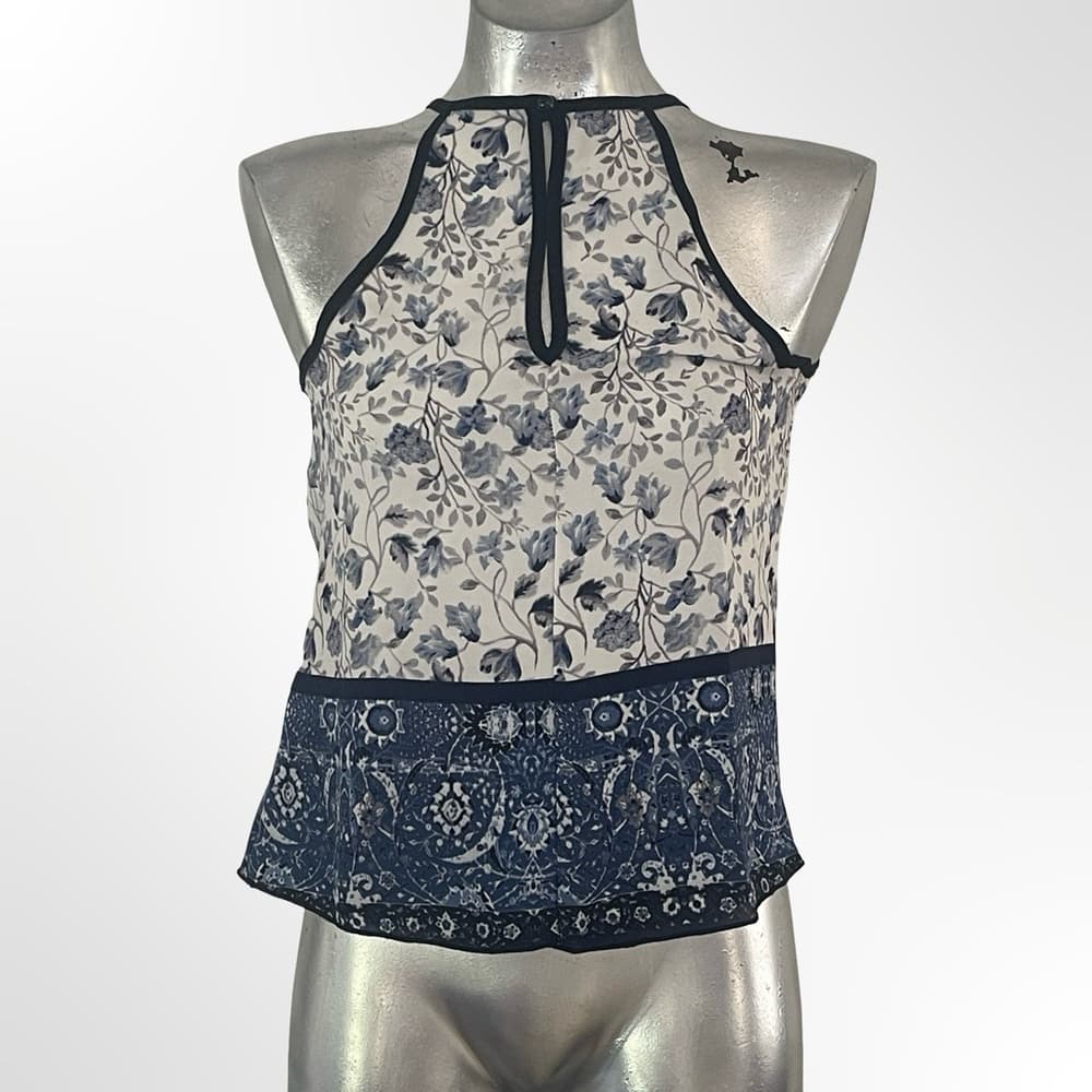 Olive Tree Floral Halter Peplum Top in Navy and White size S - Thumbnail 3