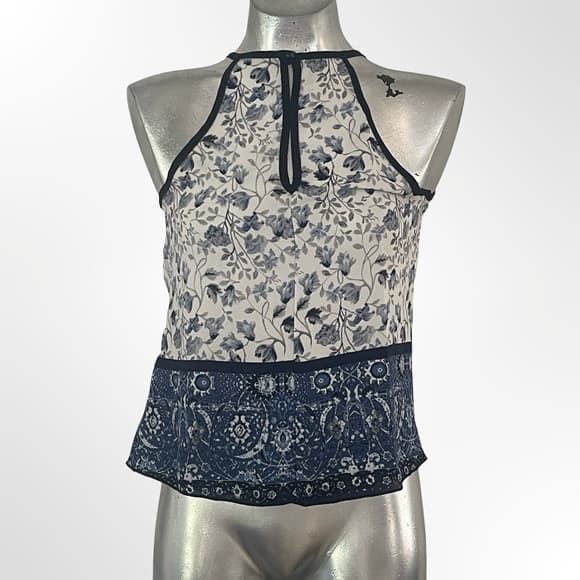Olive Tree Floral Halter Peplum Top in Navy and White size S - Thumbnail 4