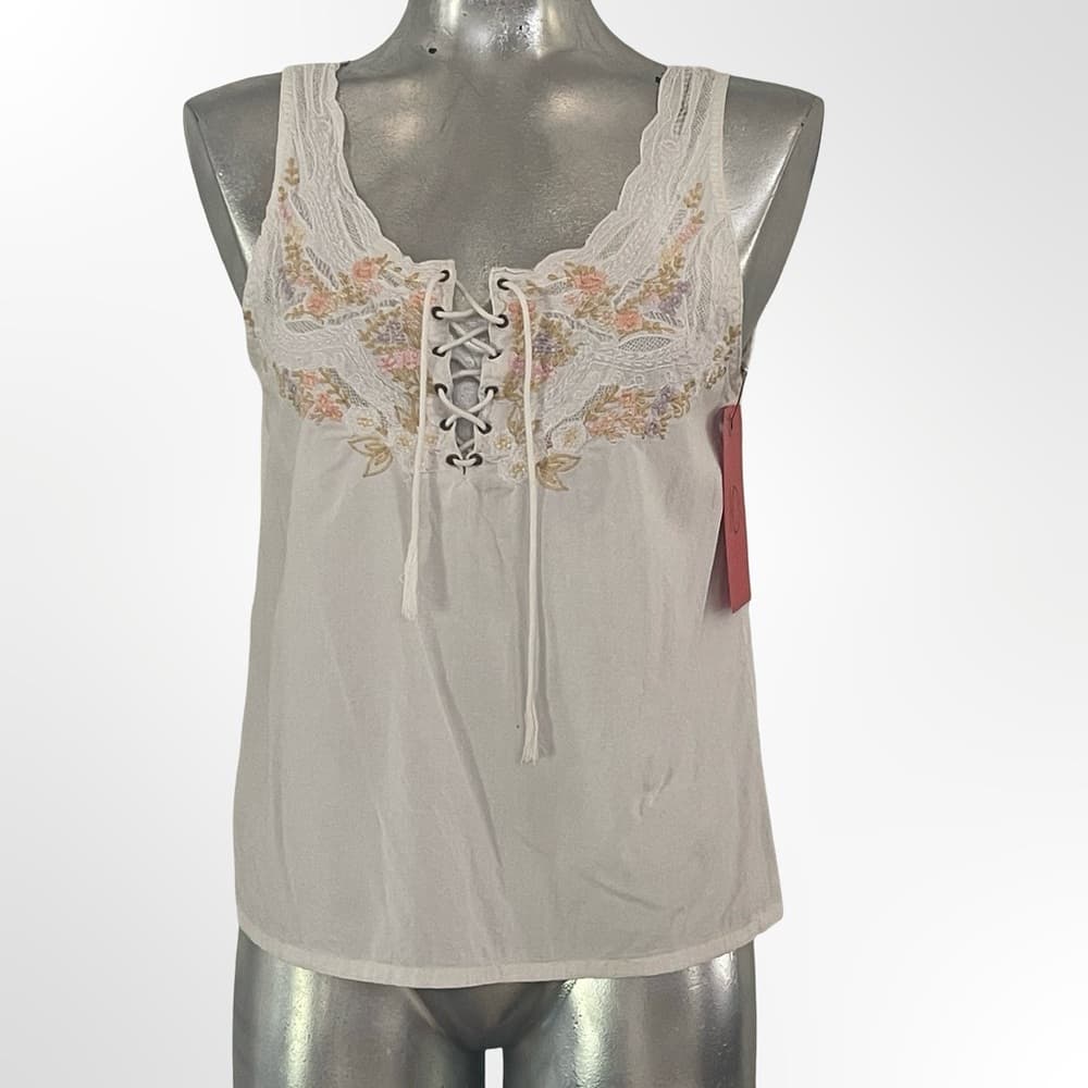 Together Cream Lace-Up Floral Embroidered Cami - Thumbnail 3