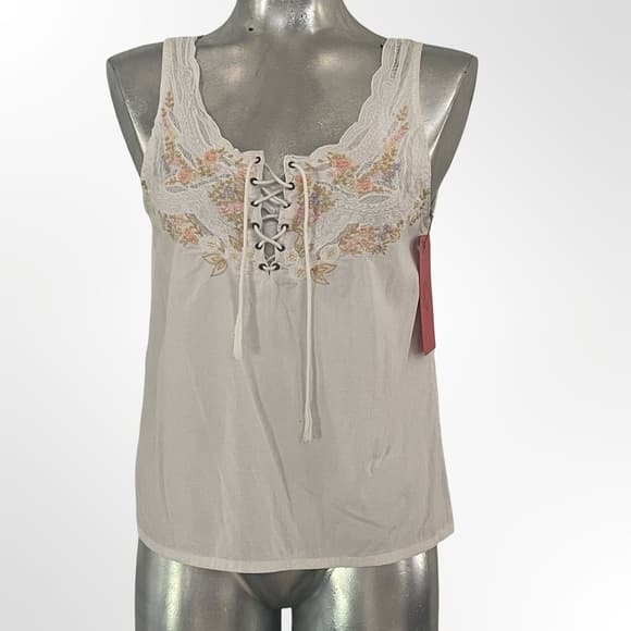 Together Cream Lace-Up Floral Embroidered Cami - Thumbnail 4