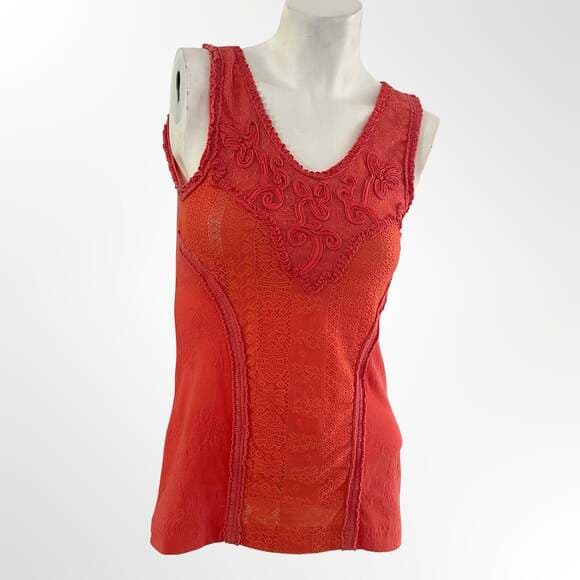 Free People Orange Lace and Tulle Soutache Embellished Tank Top - Thumbnail 5