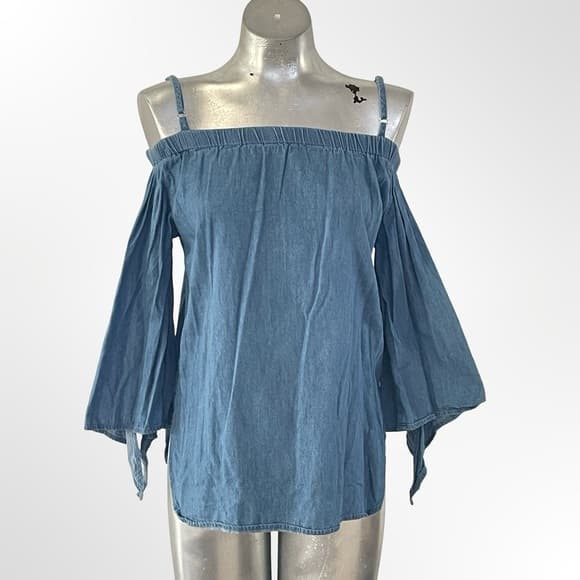Denim Blue Off-Shoulder Bell Sleeve Top - Thumbnail 4
