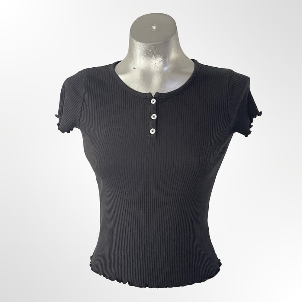 Art Class Black Ribbed Short Sleeve Henley Top - Thumbnail 4