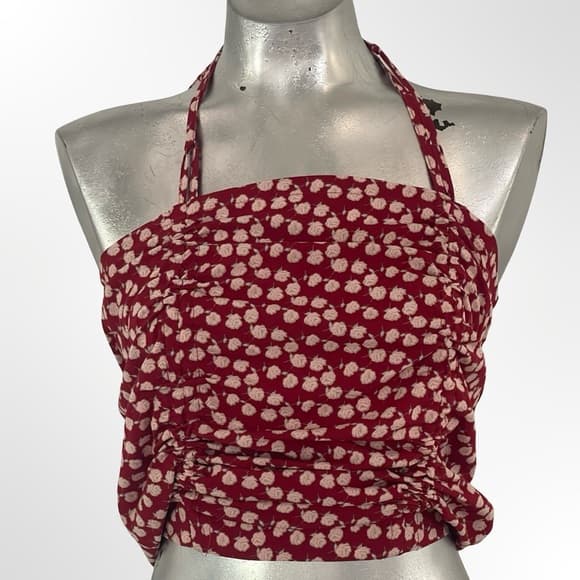 SHEIN Red Halter Crop Top with Cream Floral Dots - Thumbnail 5