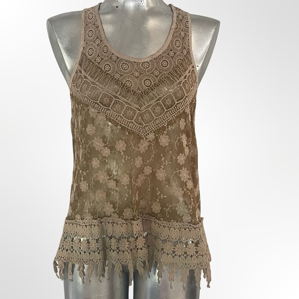 Sleeveless Crochet-Trim Taupe Tank Top - Thumbnail 4