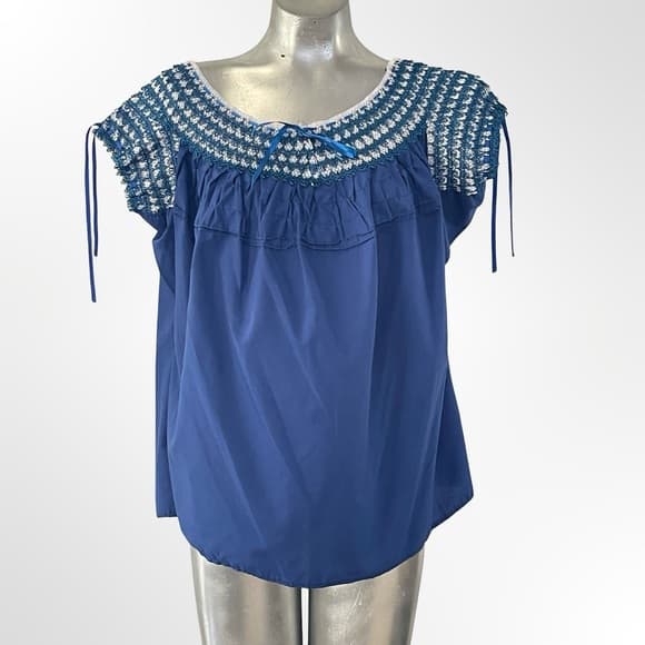 Unbranded Women's Blue Crochet Yoke Cap Sleeve Top size M - Thumbnail 4