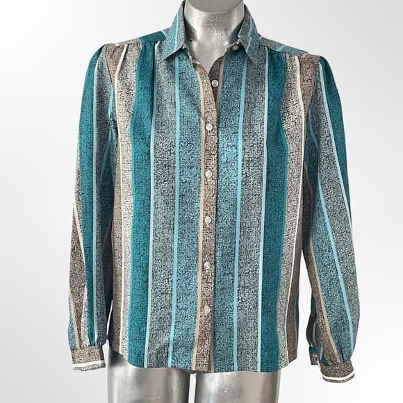 Women's Teal & Gray Striped Button-Up Silk Shirt - Thumbnail 7