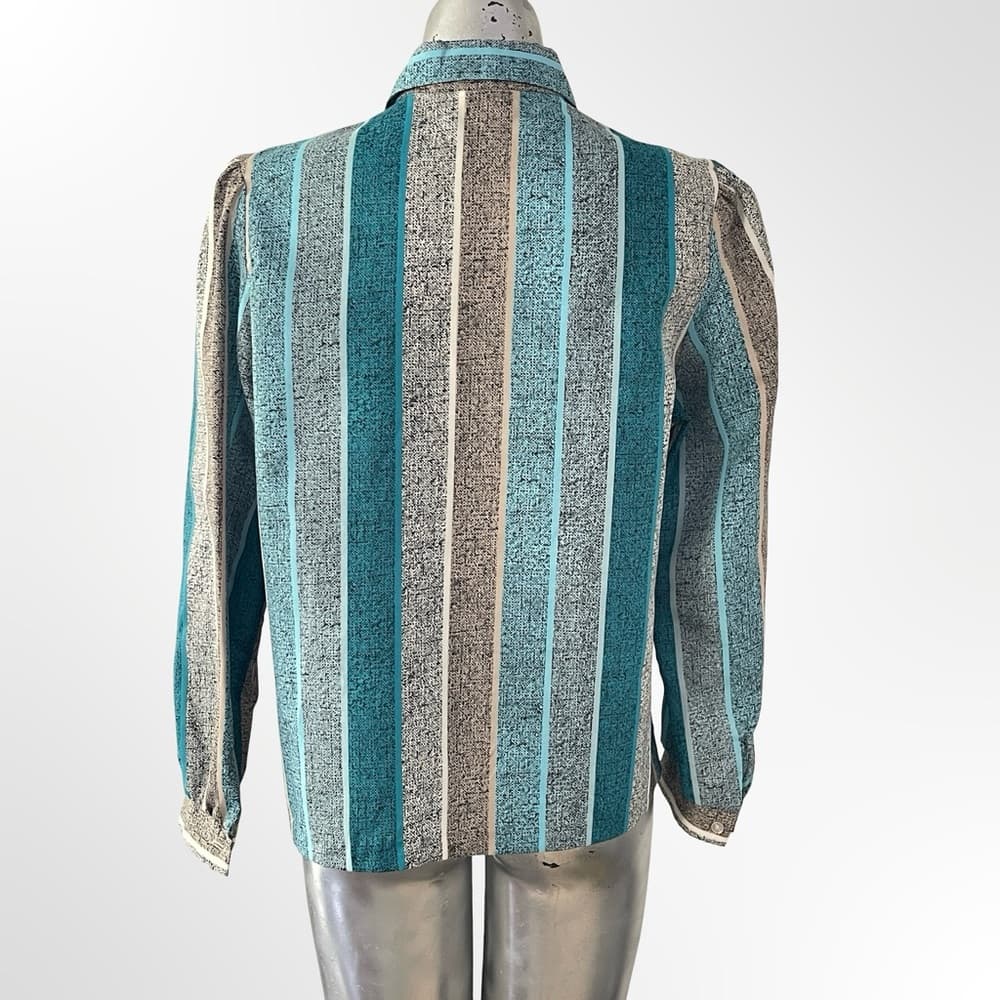 Women's Teal & Gray Striped Button-Up Silk Shirt - Thumbnail 2