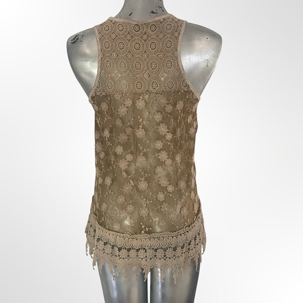 Sleeveless Crochet-Trim Taupe Tank Top - Thumbnail 2