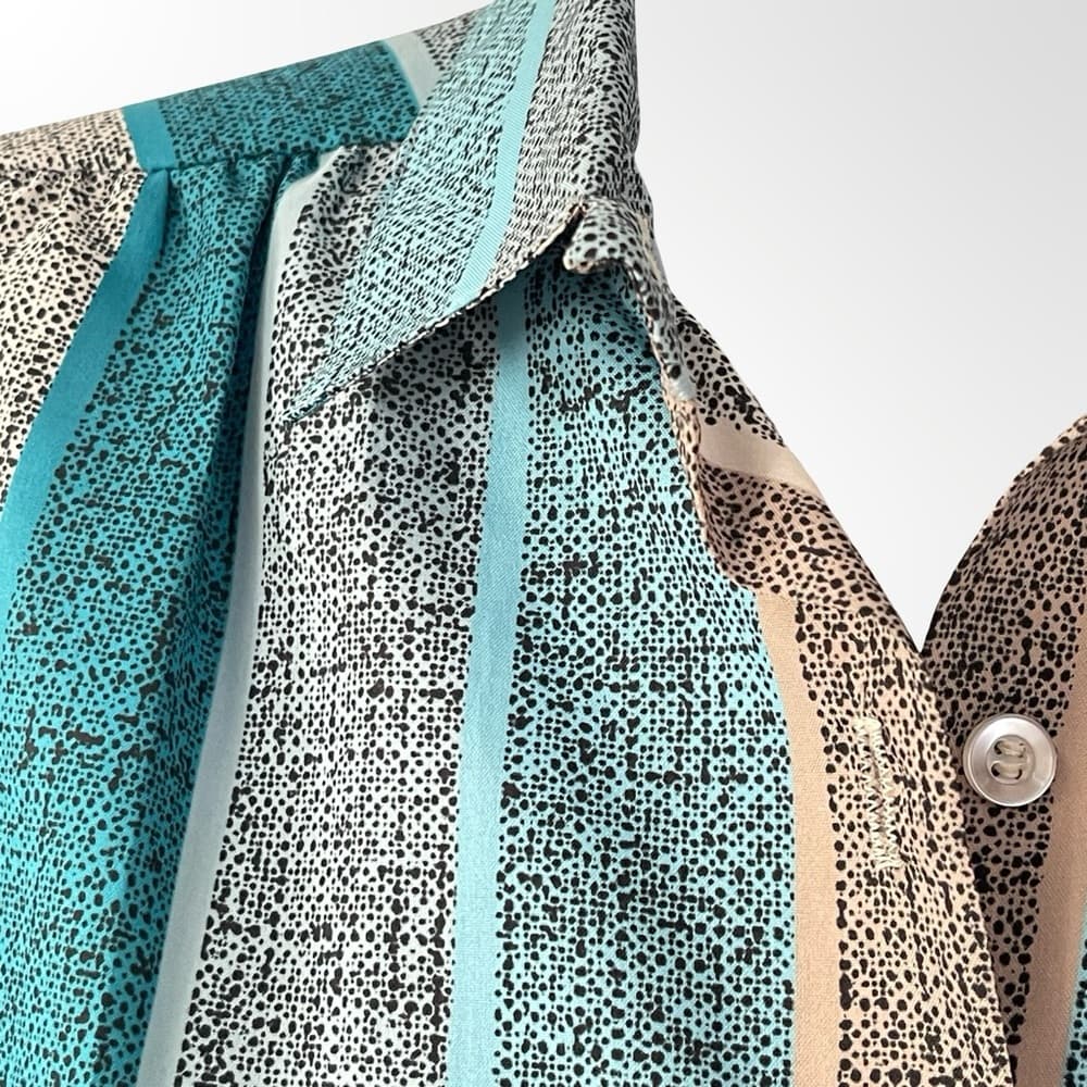 Women's Teal & Gray Striped Button-Up Silk Shirt - Thumbnail 4